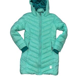 Girls Kids Spyder Long Puffer Mint Green Hooded Winter Jacket Coat Size M 10-12